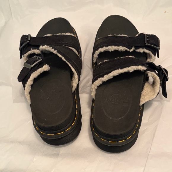 Dr. Martens Black Shearling-Lined Slide Sandals with Yellow Stitching - Picture 3 of 5
